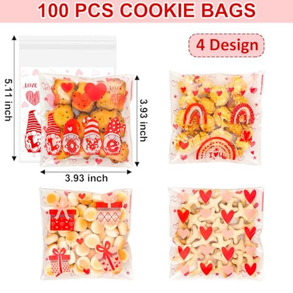 Mother's Day Cookie Bags - 100PCS 4x4 In Red Heart Self-Sealing Cellophane Treat Bags for Candy Gifts, Small Jewelry, Clear Self-Adhesive Goodie Bags for Mother’s Day, Birthday, Party Favors - 2.8 Mil - color: Red Heart 100pcs