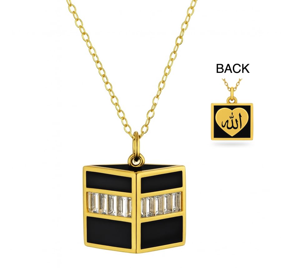 Bolenvi Gold Kaaba Necklace by MAHJ - Muslim Islamic Ramadan Hajj Umrah Eid Gifts, 14K Plated Pendant Necklace, Allah Mecca, Saudi Arabia, Arabic Islamic Jewelry For Women & Men