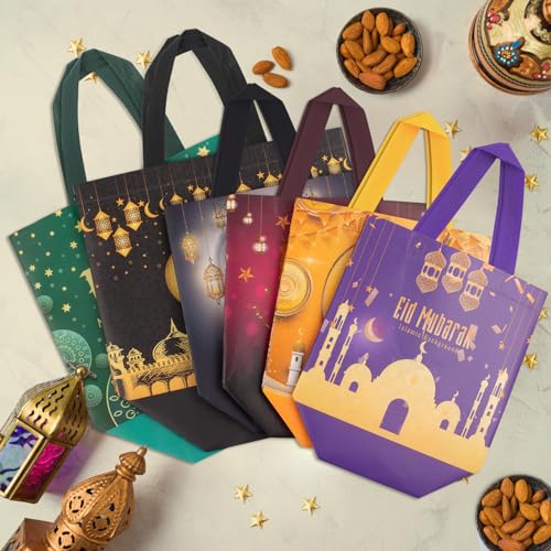 AhfuLife 6 PCS Eid Mubarak Gift Bags, 2 Sizes Eid Tote Bag with Handles, Ramadan Party Bags, Includes 2 Large and 4 Medium Non-Woven Bag for Ramadan Kareem Party Supplies