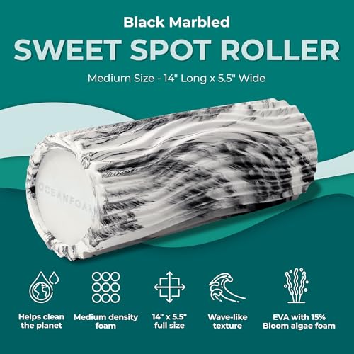 Oceanfoam Sweet Spot Medium Exercise Foam Roller 14"x5.5" – Medium Density Travel Foam Roller for Physical Therapy, Deep Tissue Massage, Yoga, Pilates, Classic Exclusive Wave Texture (Black Marbled)