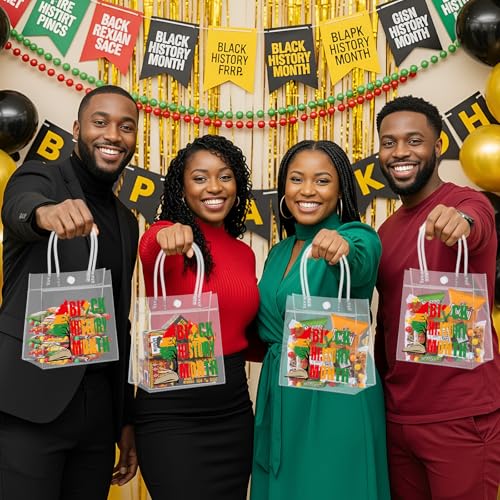 Aliceset 24 Pcs Black History Month Gift Bags with Handles Bulk Clear PVC African Favor Bags Plastic Gift Wrap Totes African Party Gifts Bulk for Bhm Mlk Day Supplies(6.31"x 5.91"x 3.15") - style: Black History Month