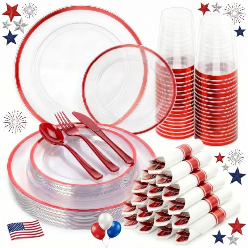 175pcs Plastic Plates for Labor Day Party Clear & Red - color: Red, size: 175pcs（25guests）