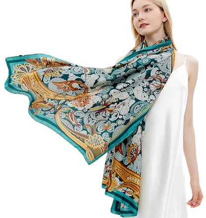 Women Silk Scarves Long Satin Lightweight Outdoor Shawl Wraps Printed Head Scarf 70''X35'' - color: 110-paisley/Green