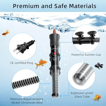 HiTauing Aquarium Heater 25W/50W/100W/200W/300W, Adjustable Knob Fish Tank Heater with Digital Thermometer, Submersible Betta/Turtle Tank Heater for Freshwater and Saltwater Tanks - size: 50W for 5-10 gallon
