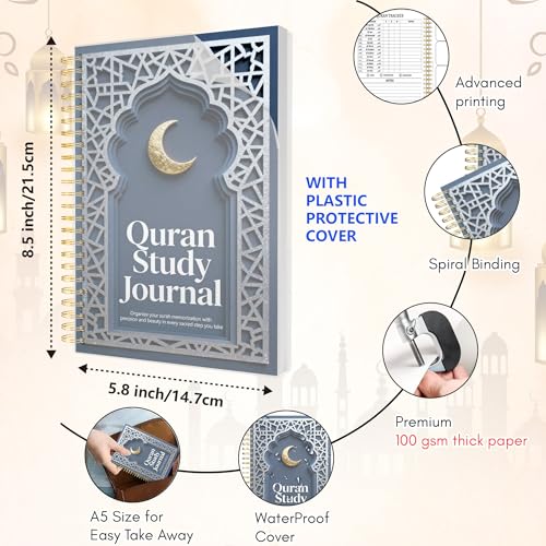 Premium Quran Study Journal - A5 Spiral Bound Islamic Reflection Notebook with 120 Pages 100gsm Thick Paper - Arabic & Translation Tracker for Daily Quranic Study, Memorization & Ramadan Gifts (Navy Crescent) - color: Navy Crescent
