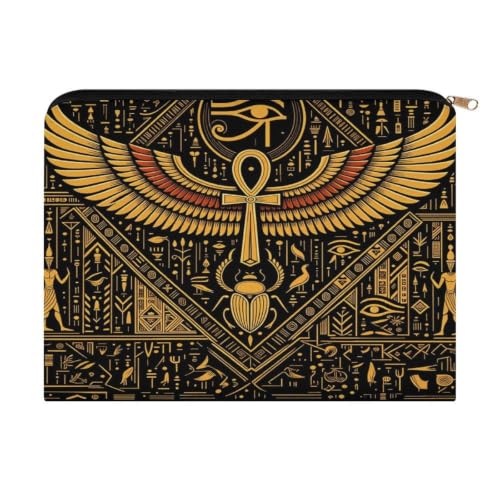 Egyptian Symbols Golden Hieroglyphic Makeup Bag for Women, Cosmetic Pouch Travel Toiletry Organizer Bag 8.9"x6.5" Polyester - color: Egyptian Symbols Golden Hieroglyphic