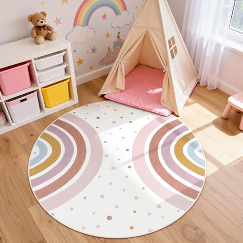 STARUIA Colorful Round Rug for Nursery, 4 Ft Rainbow Washable Rug for Playroom, Boho Kids Rug Non-Slip Soft Bedroom Carpet for Classroom Teepee Princess Castle - color: Morandi, size: 4' x 4' (Round)
