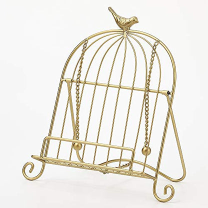 Jemeni Cookbook Stand for Kitchen, A Recipe Easel is Metal Birdcage Shaped | Metal Cookbook Stand with 2 Weighted Chains, Gold