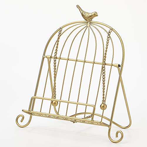 Jemeni Cookbook Stand for Kitchen, A Recipe Easel is Metal Birdcage Shaped | Metal Cookbook Stand with 2 Weighted Chains, Gold