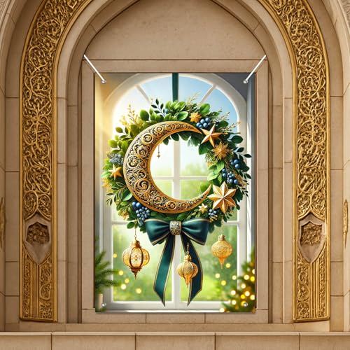 HOMETITUTE Eid Ramadan Windows Banner 31x47 Inch Crescent Moon Star Window Cover Festival Decoration for Living Room Bedroom Prayer Room Eid Mubarak Bohemian Moon Hanging Window Decor - color: Gold, Green, White