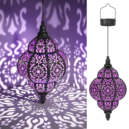 Hapjoy Hanging Solar Lights Outdoor Garden Decor Solar Lantern Waterproof Plastic Moroccan Outdoor Decorations for Patio Pathway Yard Backyard Garden Decorative (1, Purple) - style: purple