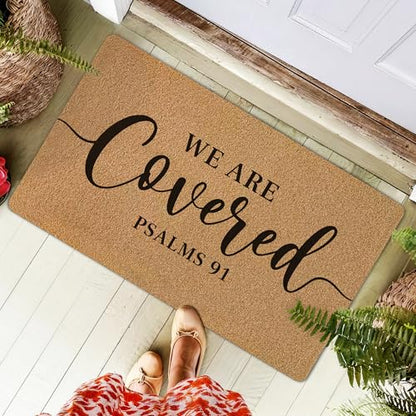 We are Covered Psalm 91 Door Mat, Christian Bible Verse Front Door Mat Rug Outdoor Indoor Entrance, Religious Scripture Artificial Coir Doormat for House Porch Patio Entry, 30x17 Inch