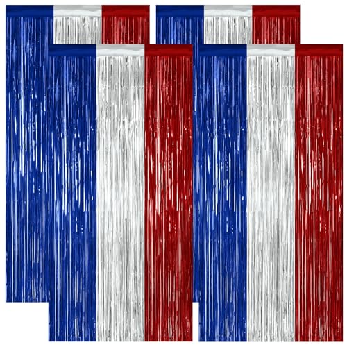 ZATAYE 4 Pack Blue Silver Red Foil Curtain Streamer Decorations - color: Blue Silver Red, size: 4 PCS