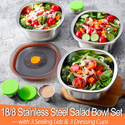 6-Piece Stainless Steel Salad Bowl Set, 3 Bowls (50 oz) & 3 Dressing Cups - size: 3 Sets