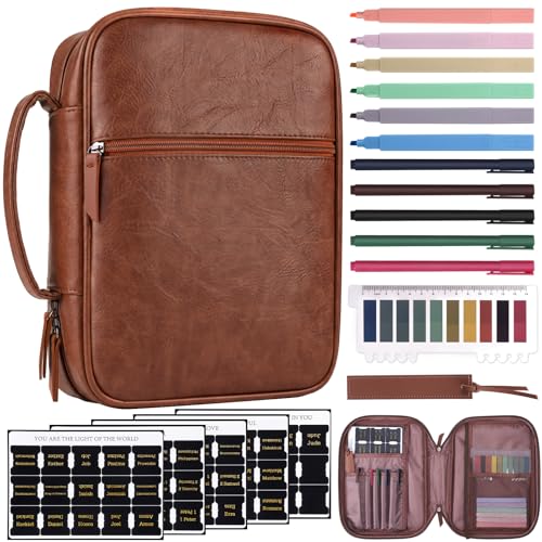 XKDOUS Bible Cover for Men Leather Bible Bag Large Book Carrying Case Kit - color: Brown Leather