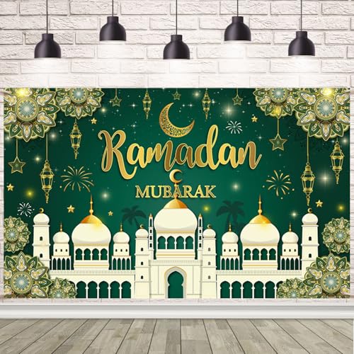 AIBIIN Ramadan Mubarak Backdrop Green Muslim Kareem Banner Eid Al-Adha Mubarak Party Decorations Banner Photo Shoot Props 94.48 x 70.8 Inch - color: green, size: 94.48 x 70.8 Inch