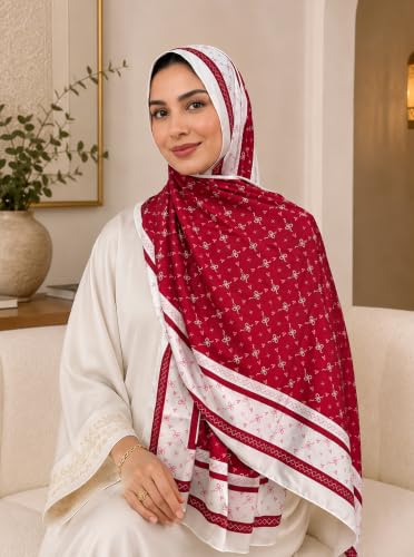 Satin Hijab Scarf for Women, Silk-Feeling Muslim Headscarf, Digital Bow Letter Print Head Wrap Shawl for Summer - color: Mlp004-red