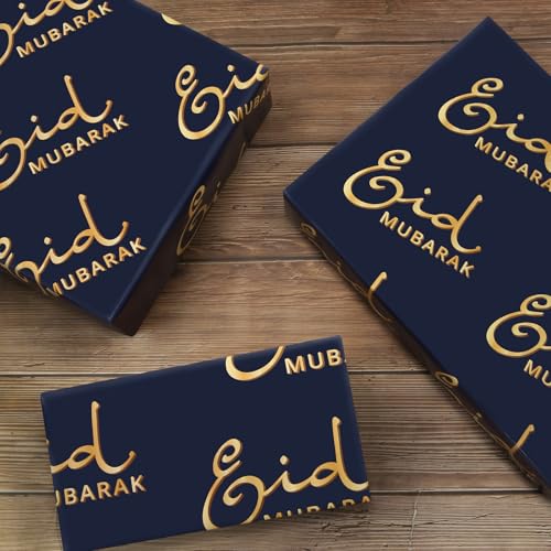 Eid Gift Wrapping Paper Ramadan Wrapping Paper, 4 Sheets "Eid Mubarak" Lettering - Printed Folded Flat Art Wrap for Muslim Arabic Islamic Holiday Party Celebration - Women Men DIY Craft 19.7 x 27.6 Inch