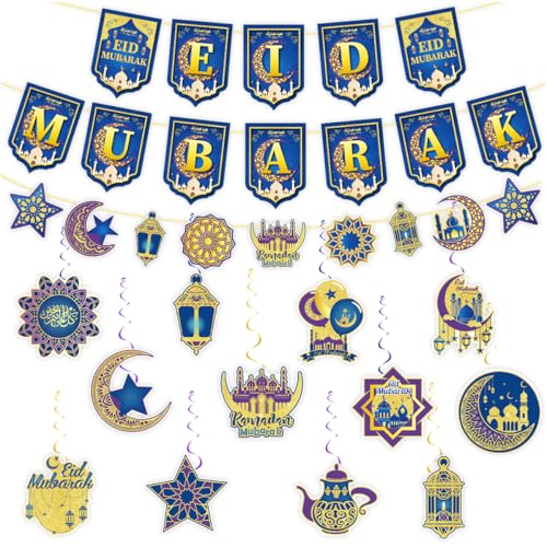 Eid Mubarak Decoration Set, Blue and Gold, Ramadan Banner with Lanterns, Stars, Moon, Hanging Swirls