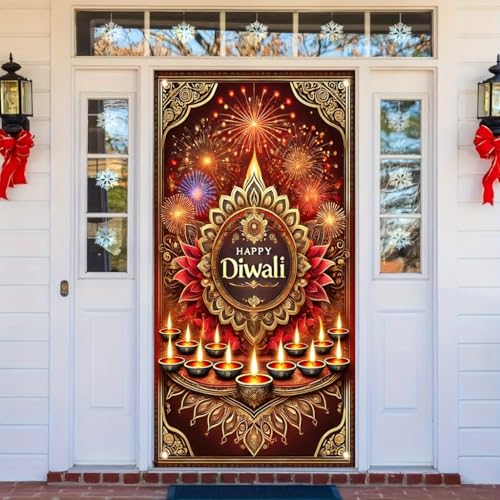 Diwali Backdrop Happy Diwali Banner with Oi Lamps Fireworks Mandala Pattern 71x35Inch Large Hindu Festival Photography Background for Party Home Decoration Outdoor Indoor - color: Diwali Fireworks Lamp
