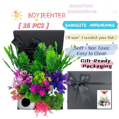 Aquarium Decorations Set, 16Pieces Artificial Plastic Plants & Smooth Fish Cave Rock, Non-Damaging Ornaments for Fish Tank with Gift Box Packaging, Goldfish & Betta Fish Tank Accessories