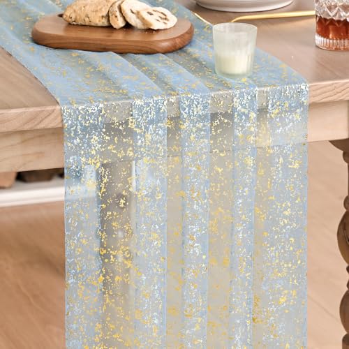 Artoid Mode Gold Gauze Light Blue Table Runner 120 Inch 10FT, Glitter Metallic Foil Sheer Dining Wedding Anniversary Holiday Birthday Table Decor for Home Party - color: Light Blue Gold, size: 28" x 120"