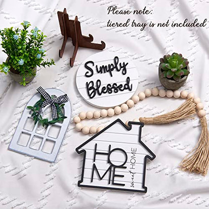 Houmury Rustic Farmhouse Tiered Tray Set with Succulent & Plant - Home Decor for Kitchens (Set of 8 Without Trays)