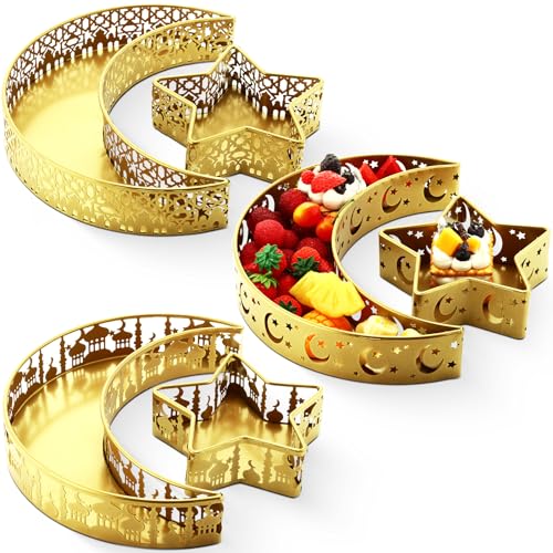 GlikCeil 6 Pcs Eid Mubarak Moon and Star Pastry Tray Moon Shape Food Dessert Tray Ramadan Metal Platter for Breakfast Dinner Dessert Pastry Display Holder Islam Muslim Festivaltable Decor, Gold