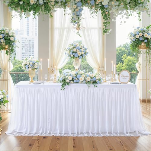 Suppromo White Tulle Tablecloth for 4 Foot Rectangular Tables 48 x 24 Inch White Rectangle Table Cloth 4ft Wrinkle Free Table Cover with Tutu Skirt for Wedding Birthday Party Banquet Tablecover - color: White, size: 48" x 24" (4FT - 1 Pack)