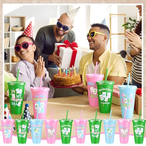 Chuangdi 12 Pcs Mahjong Cups 24 oz for Mahjong-themed Party Supplies | Mahjong Tumblers with Lids and Straws for Game Night, Mahjong Gifts for Women, Mah Jong Birthday Party Decorations - style: Mahjong
