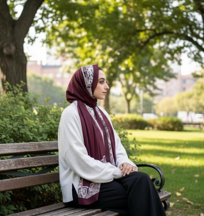 Hijab Modest and Elegant | Beautifully Designed Printed Chiffon Patterns | Muslim Women Head Scarf and Veil - color: Red D