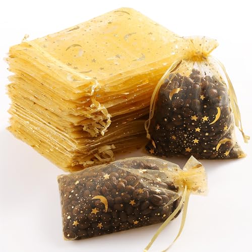 Hopttreely 100 Pieces Moon Star Organza Jewelry Candy Bags, 4x6 Inch Gold Organza Pouch Small Gift Bags with Drawstring for Christmas Party Favors Wedding Valentine's Day Eid Mubarak Party Favor Bags - color: Gold