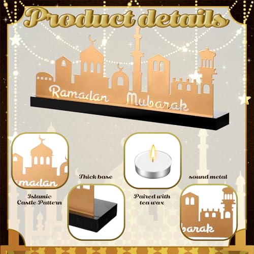 MorningRo Ramadan Mubarak Decorations Islamic Candle Holder with 5 Tea Candles Eid Mubarak Metal Sign with Wood Base Ramadan Kareem Table Centerpieces Eid Al Fitr Muslim Party Gifts - style: Classic