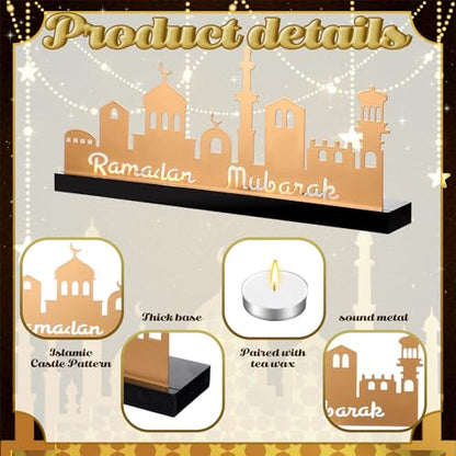 MorningRo Ramadan Mubarak Decorations Islamic Candle Holder with 5 Tea Candles Eid Mubarak Metal Sign with Wood Base Ramadan Kareem Table Centerpieces Eid Al Fitr Muslim Party Gifts - style: Classic