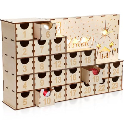 Nuanchu Lighted Christmas Wooden Advent Calendar with 24 Drawers DIY Empty Advent Calendars to Fill Countdown to 2026 Christmas Reusable Nativity Scene Decor Make Your Own Gifts Box for Xmas Adults
