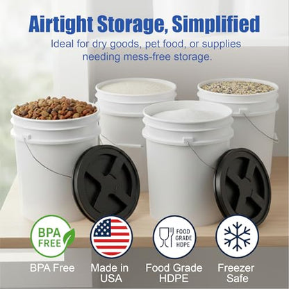 5 Gallon Bucket - Food Grade w/Lid BPA-Free, White/Black, 3 | Airtight Gamma Seal Screw-On Lid, Heavy-Duty 90 Mil HDPE Plastic, Food Safe and Durable Container, Bulk Storage, Made in USA - color: White/Black, size: 3 Packs