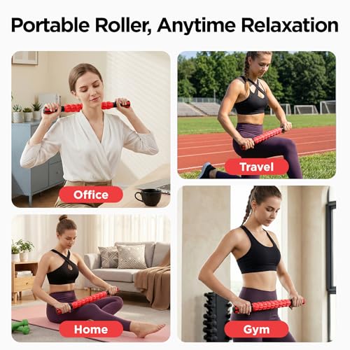 Muscle Roller & Massage Roller Stick for Athletes - Lymphatic Drainage Support, Relieves Muscle Soreness, Cramping & Tightness - Targets Legs, Arms, Back & Calves （Red Wheel） - color: Red