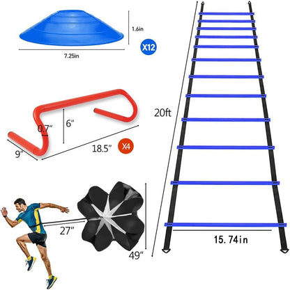 Speed & Agility Ladder Training Equipment Set, Includes 12 Rung 20ft Agility Ladder, 4 Agility Hurdles,12 Disc Cones, 1 Resistance Parachute for Training Football Soccer Basketball Athletes - color: blue