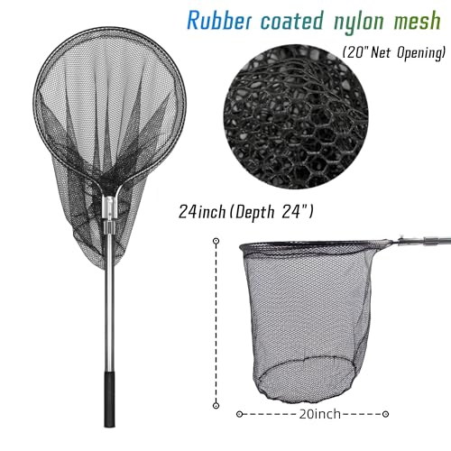 Heavy Duty Extra Large Aluminum Landing Net - Telescoping Handle (67-100in), 20in Net Opening for Saltwater Fishing