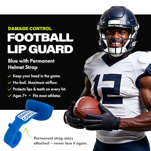 DAMAGE CONTROL Pacifier Football Mouth Guard – Permanent Strap – Blue | Youth Football Mouthpiece, No Boiling, Breathable Design, Protects Lips & Teeth, Works with Braces - color: Blue