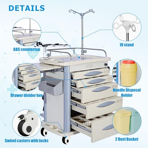 Crash Cart with Central Lock - Mobile Emergency Treatment Trolley with IV Pole, Cardiac Board, O₂ Tank Holder, Trash Bin & 5 Drawers for Clinics Nursing Center (Grey) - color: Gray