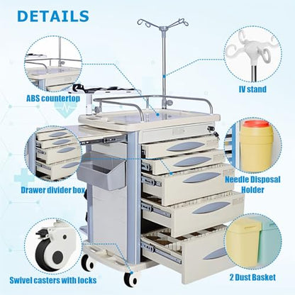 Crash Cart with Central Lock - Mobile Emergency Treatment Trolley with IV Pole, Cardiac Board, O₂ Tank Holder, Trash Bin & 5 Drawers for Clinics Nursing Center (Grey) - color: Gray