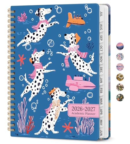 Planner 2026–2027, Academic Monthly Weekly Spiral Calendar, July 2026 – June 2027, Hardcover Agenda Notebook with Tabs, 6.3" x 8.5", Perfect for Students, Teachers, School & Daily Planning - Submerged Dalmatians - color: U-Submerged Dalmatians, size: (6.3