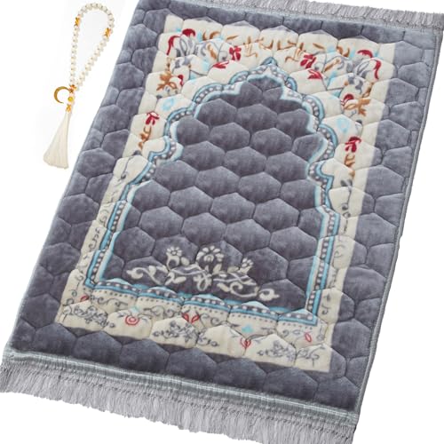 Muslim Prayer Rug with Tasbih Prayer Beads, Soft Large Prayer Matt Islam, Padded Islamic Prayer Mat Thick for Men and Women, Janamaz, Sajadah (31.5" x 47.2", Grey) - color: Grey