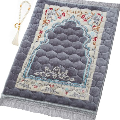 Muslim Prayer Rug with Tasbih Prayer Beads, Soft Large Prayer Matt Islam, Padded Islamic Prayer Mat Thick for Men and Women, Janamaz, Sajadah (31.5" x 47.2", Grey) - color: Grey