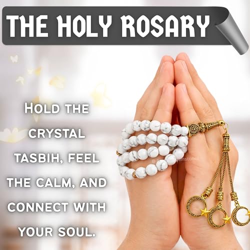 Amazing Gemstone Crystal Tasbeeh with Moon and Star Charm - Certified Crystal Muslim Prayer Beads Natural Gemstone Tasbih Gift for Ramadan Dhikr and Daily Namaz (G) - color: Howlite