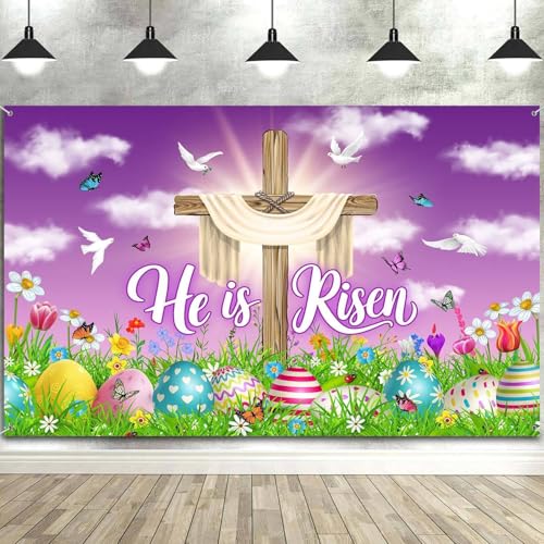 4X4ft He is Risen Backdrop, Spring Easter Jesus Cross Resurrection Photography Background for Easter Celebration Party Decor Backdrops Photo Props for Home Outdoor Indoor Decorations - color: Easter04, size: 4X4FT