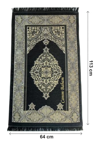 SODEF Personalized Prayer Rug Set for Men - Islamic Gift Set with Name Engraved Yasin Book, Rosary, Zikirmatik, and Perfume - Black Cotton - Black, 26x45 inch