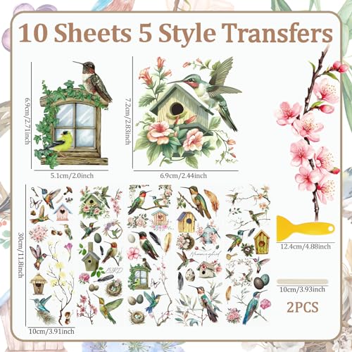 WANDIC 10 Sheets Rub On Transfer Stickers, Bees Birds Decals Fashionable Flower Waterproof Transfers for Furniture Table Water Bottle DIY Craft, 11.8 * 3.9in - color: Hummingbird