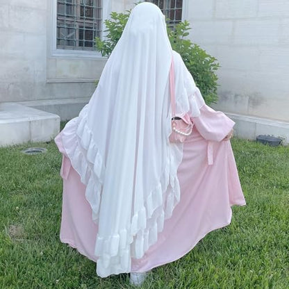 khalat Women's Hijab Chiffon Hijab for Women Muslim 2 Layers Ruffle Lightweight Large Hijab - color: White